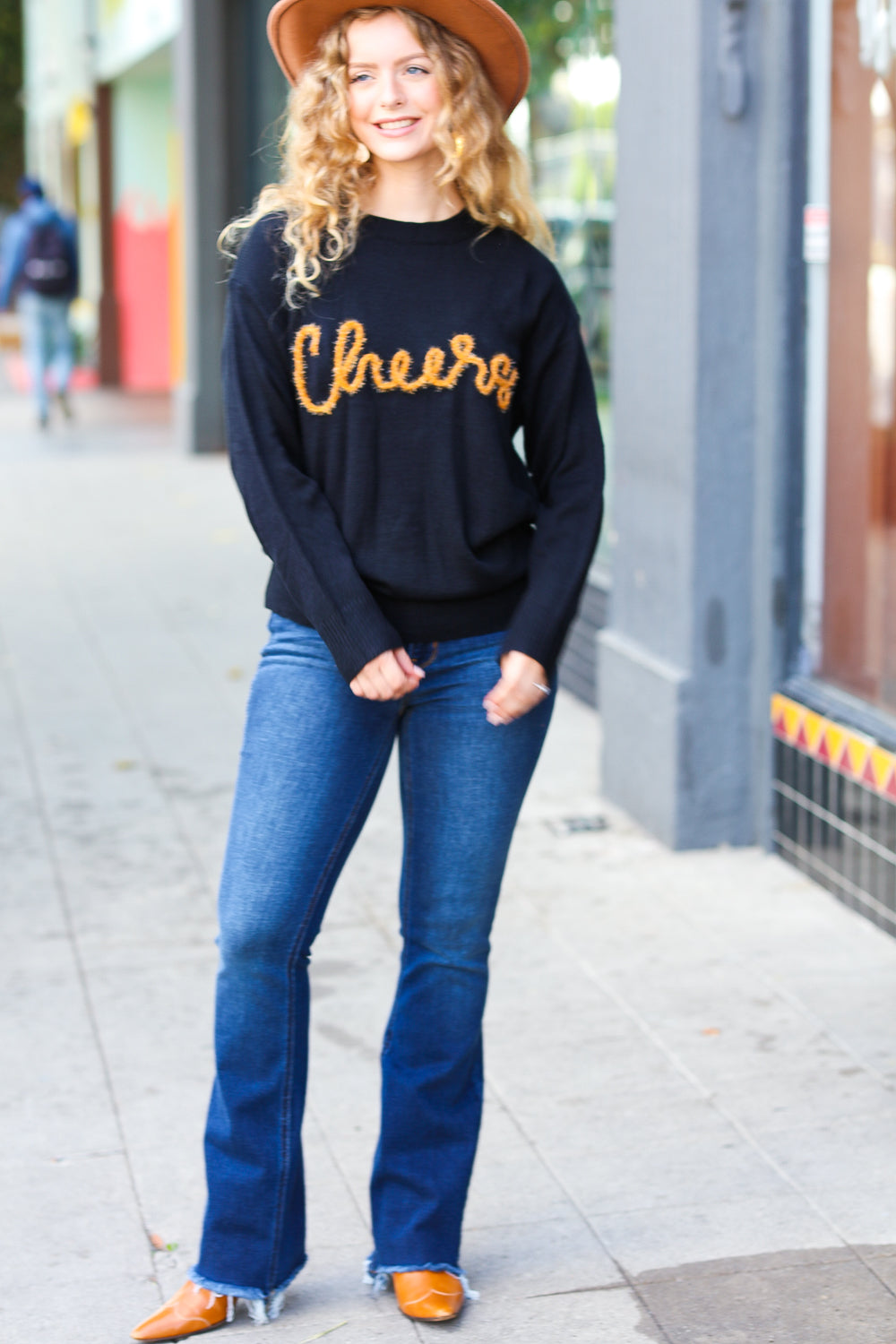 Take Note Black Embroidery "Cheers" Oversized Knit Top