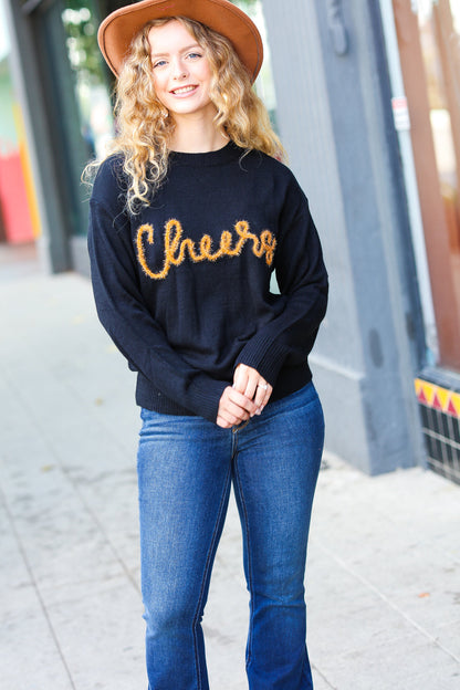 Take Note Black Embroidery "Cheers" Oversized Knit Top