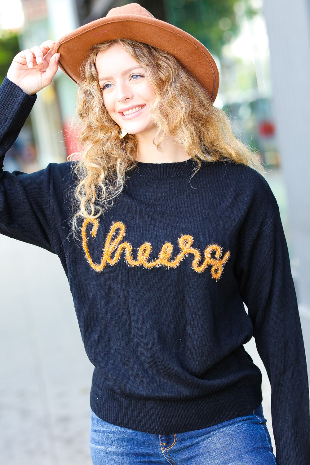 Take Note Black Embroidery "Cheers" Oversized Knit Top