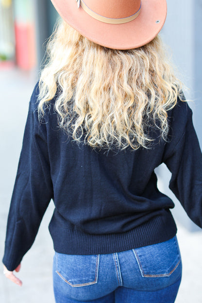 Take Note Black Embroidery "Cheers" Oversized Knit Top