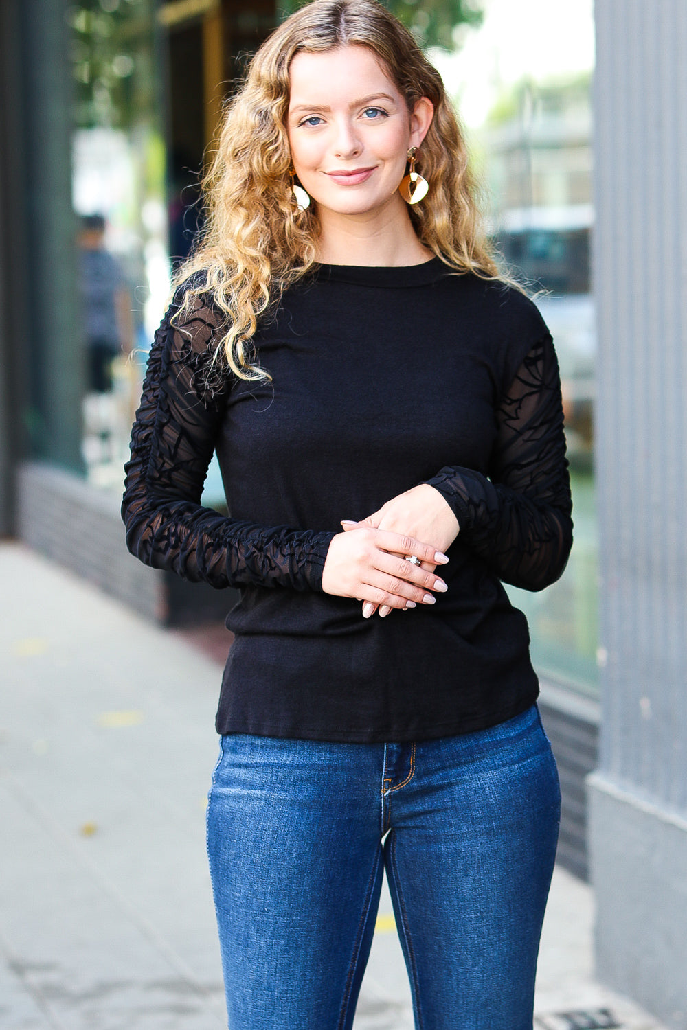 Can't Help But Love Black Shirred Velvet Mesh Blouse