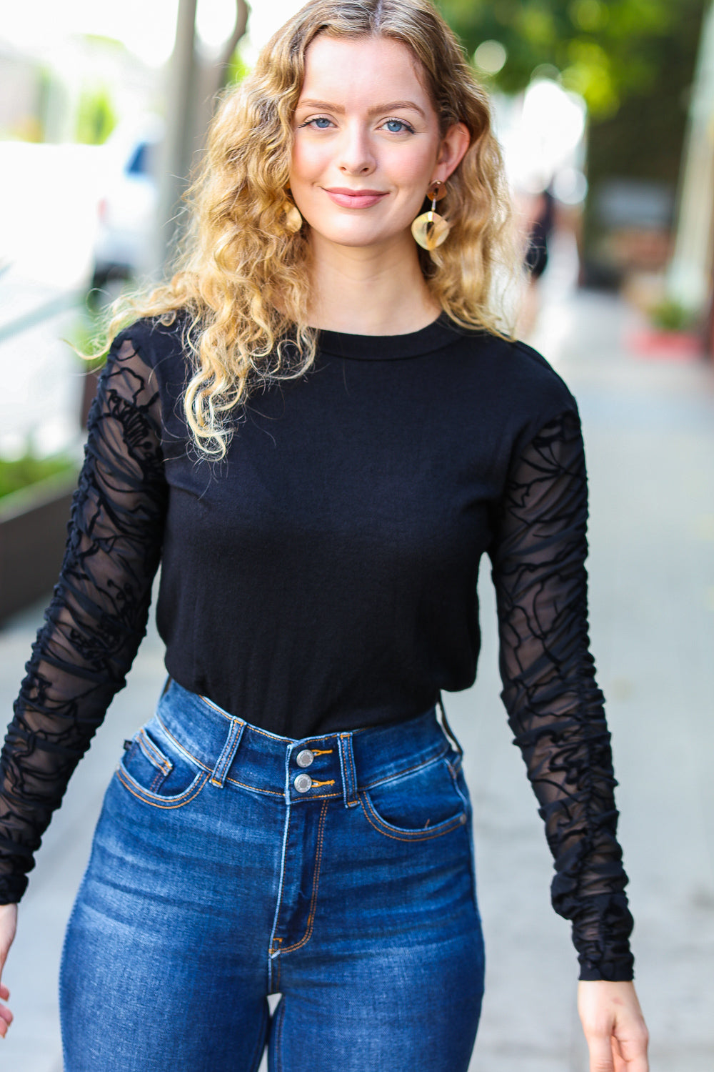 Can't Help But Love Black Shirred Velvet Mesh Blouse