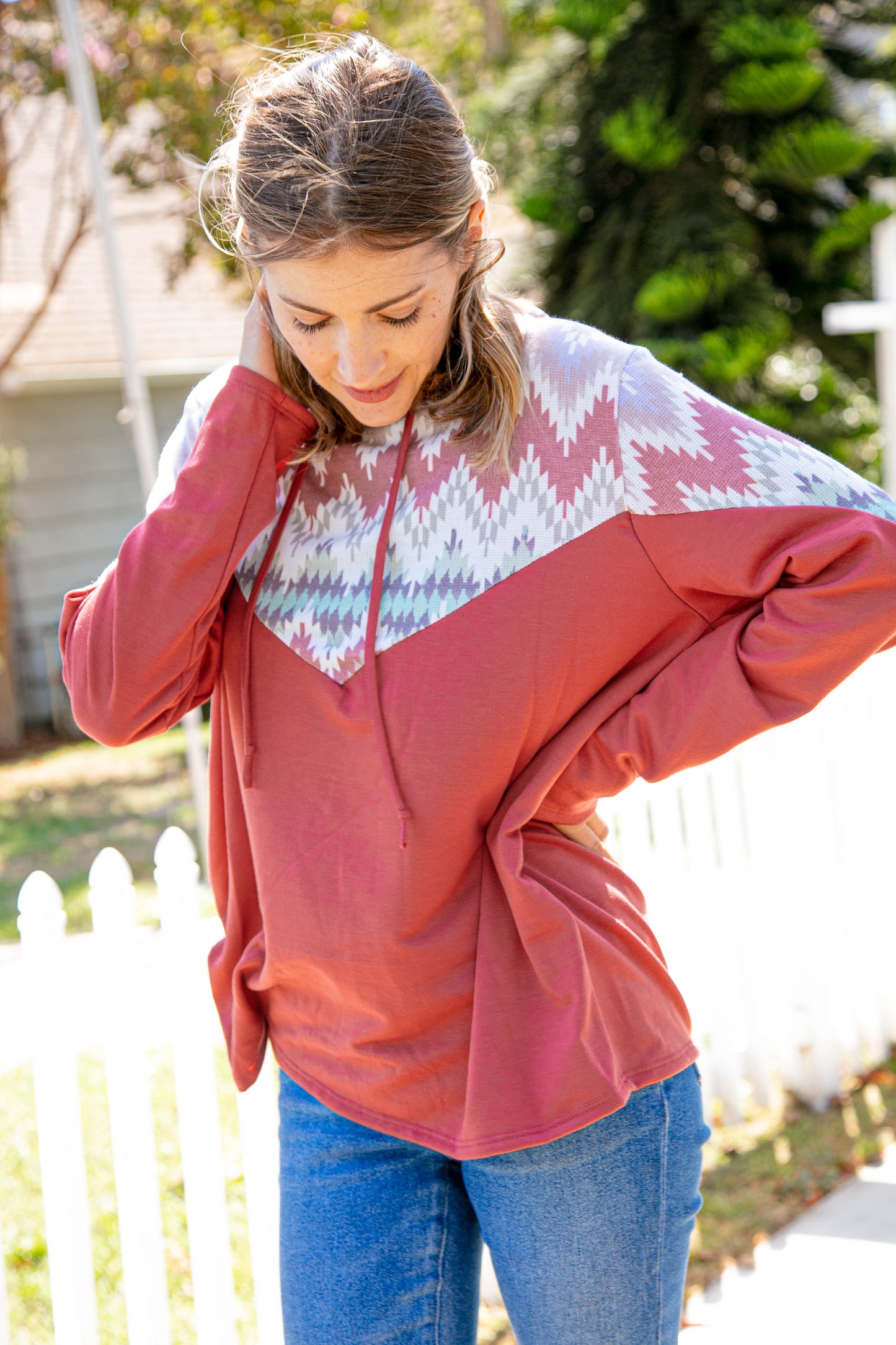 Aztec Print Thermal Knit Chevron Hoodie