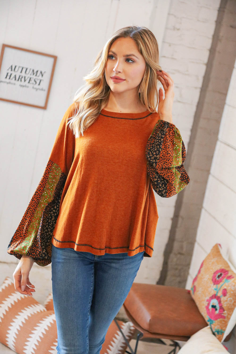 Rust Floral Stripe Bubble Sleeve Hacci Top