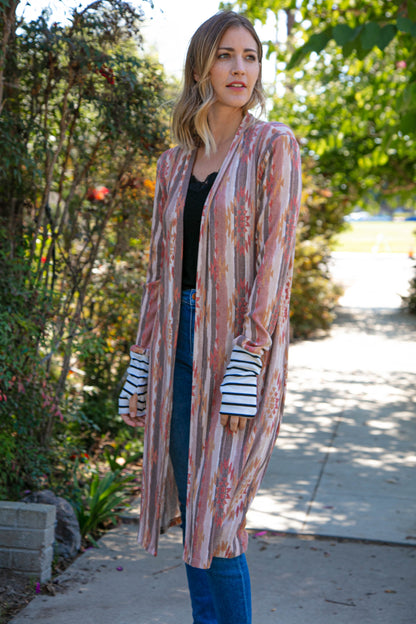 Aztec Printed Stripe Sleeve Open Cardigan