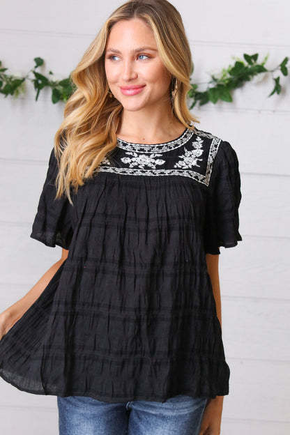 Black Embroidered Smocked Top