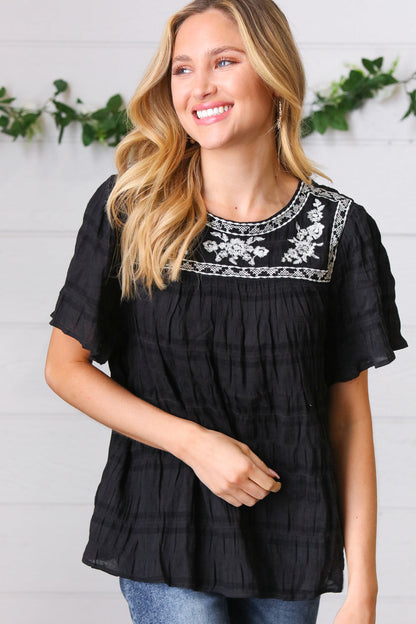 Black Embroidered Smocked Top