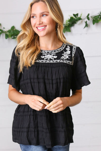 Black Embroidered Smocked Top