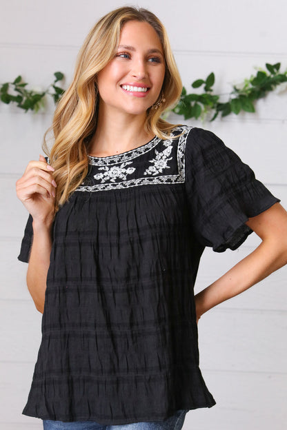 Black Embroidered Smocked Top