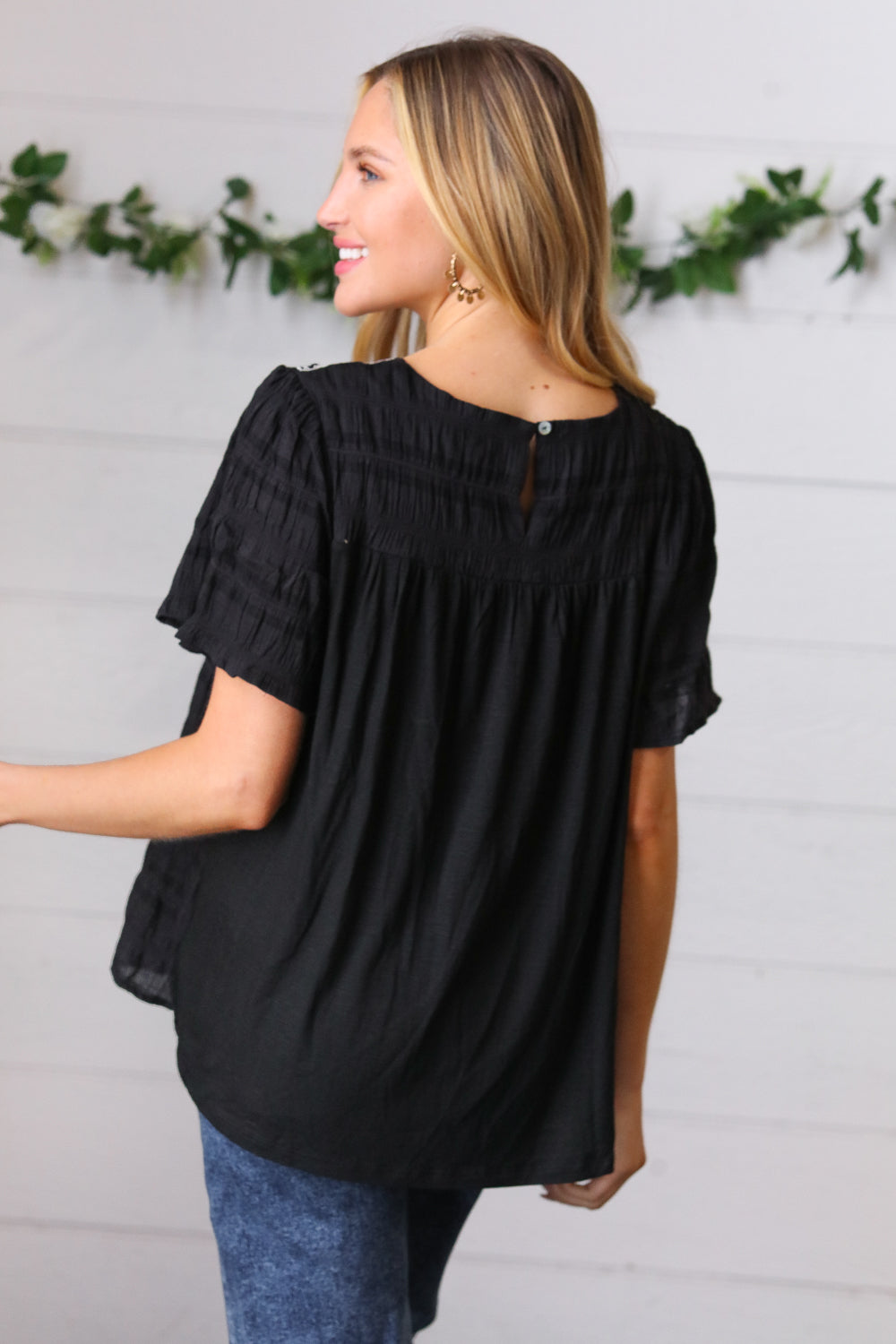 Black Embroidered Smocked Top