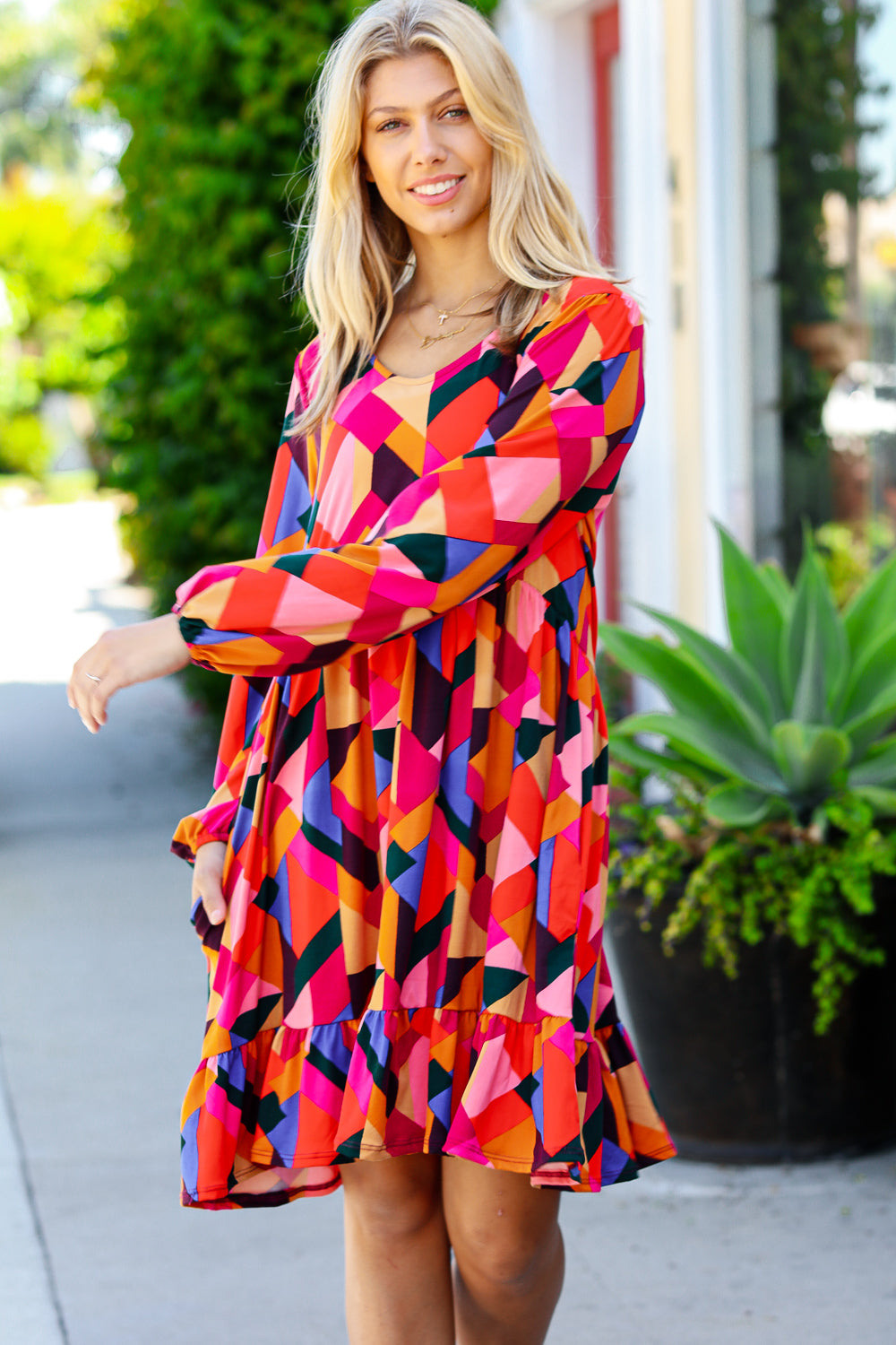 Living Out Loud Sepia & Magenta Geo Ruffle Dress