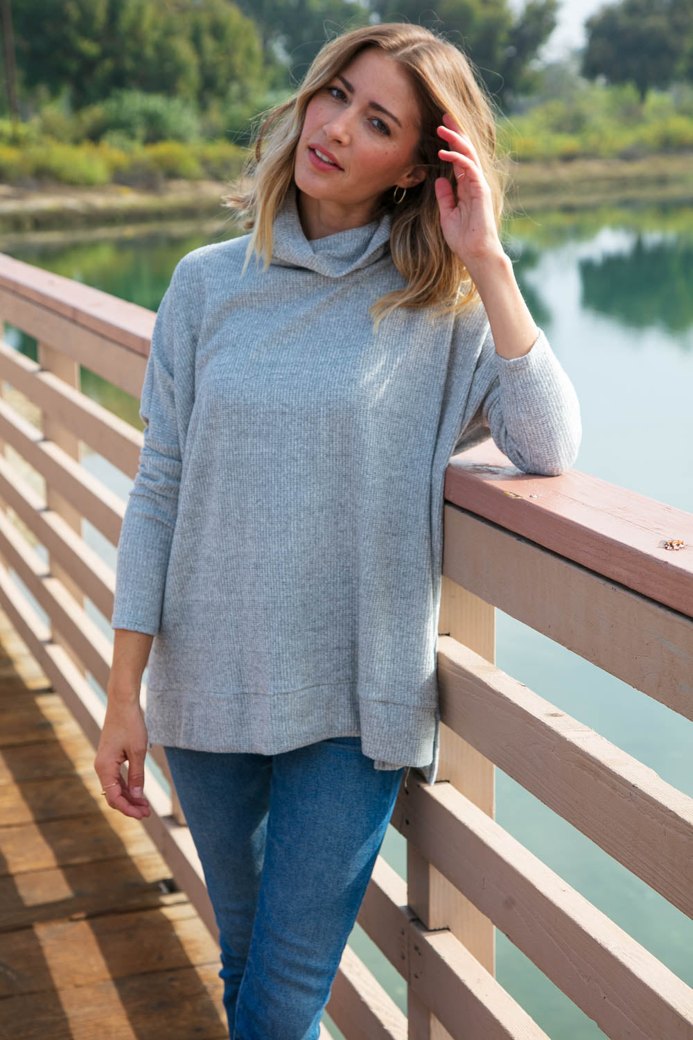 Heather Turtle Neck Knit Top with Side Slits