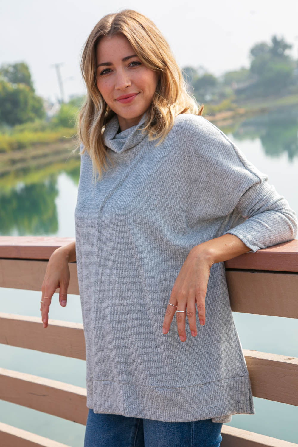 Heather Turtle Neck Knit Top with Side Slits