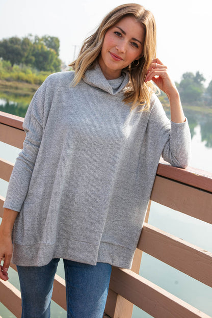 Heather Turtle Neck Knit Top with Side Slits