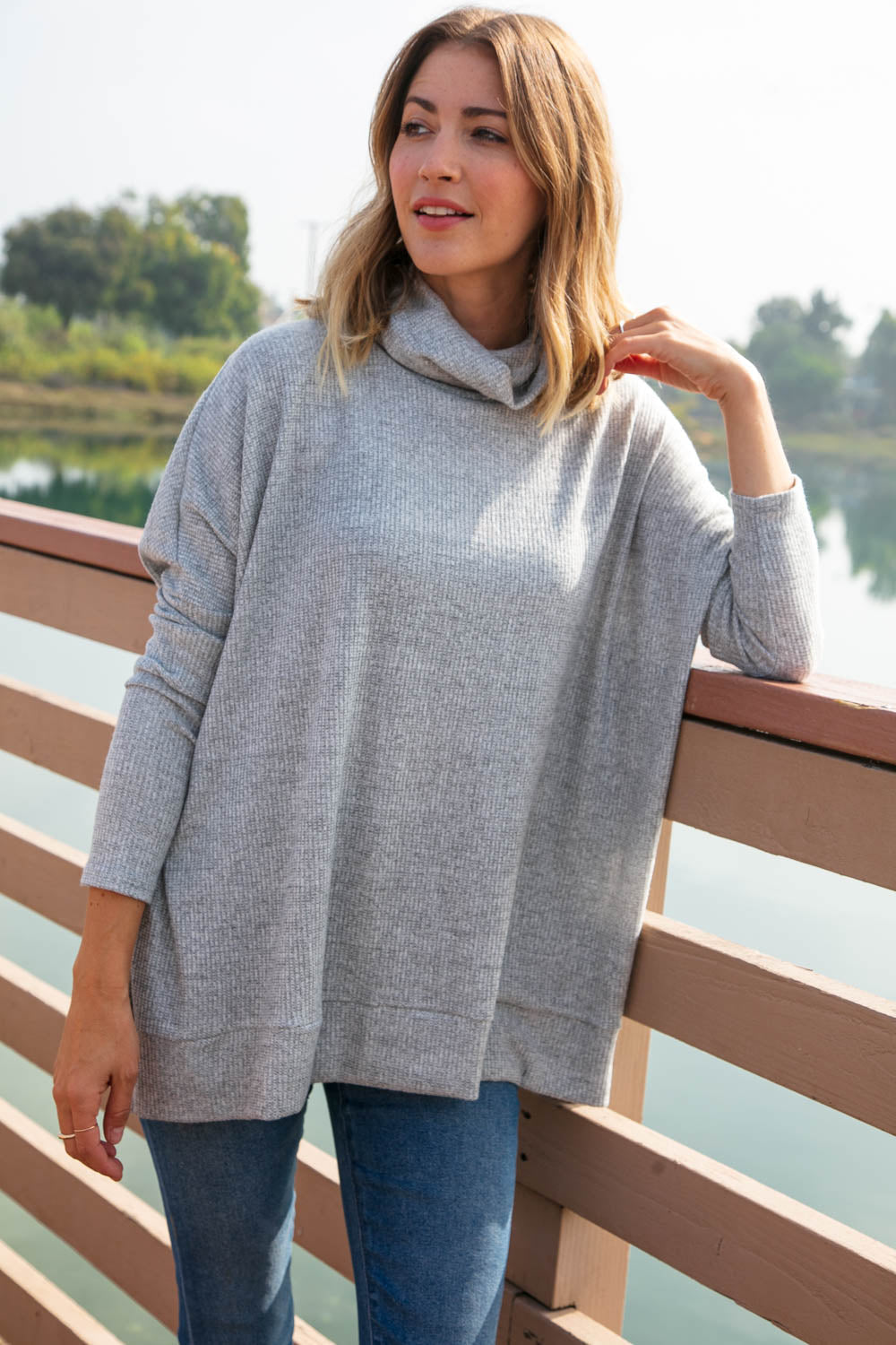 Heather Turtle Neck Knit Top with Side Slits