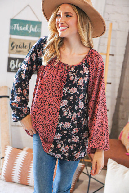 Mauve Leopard and Floral Color Block Key Hole Top