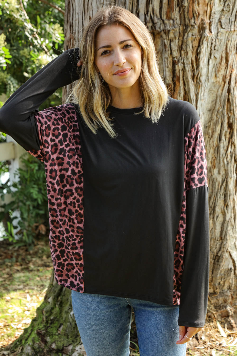 Leopard Print Color Block Dolman Loose Fit Top