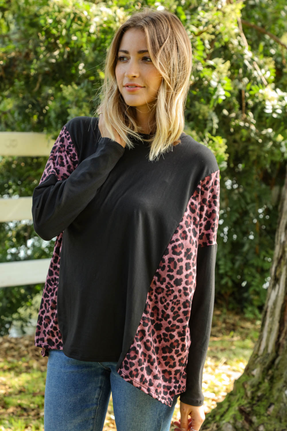 Leopard Print Color Block Dolman Loose Fit Top