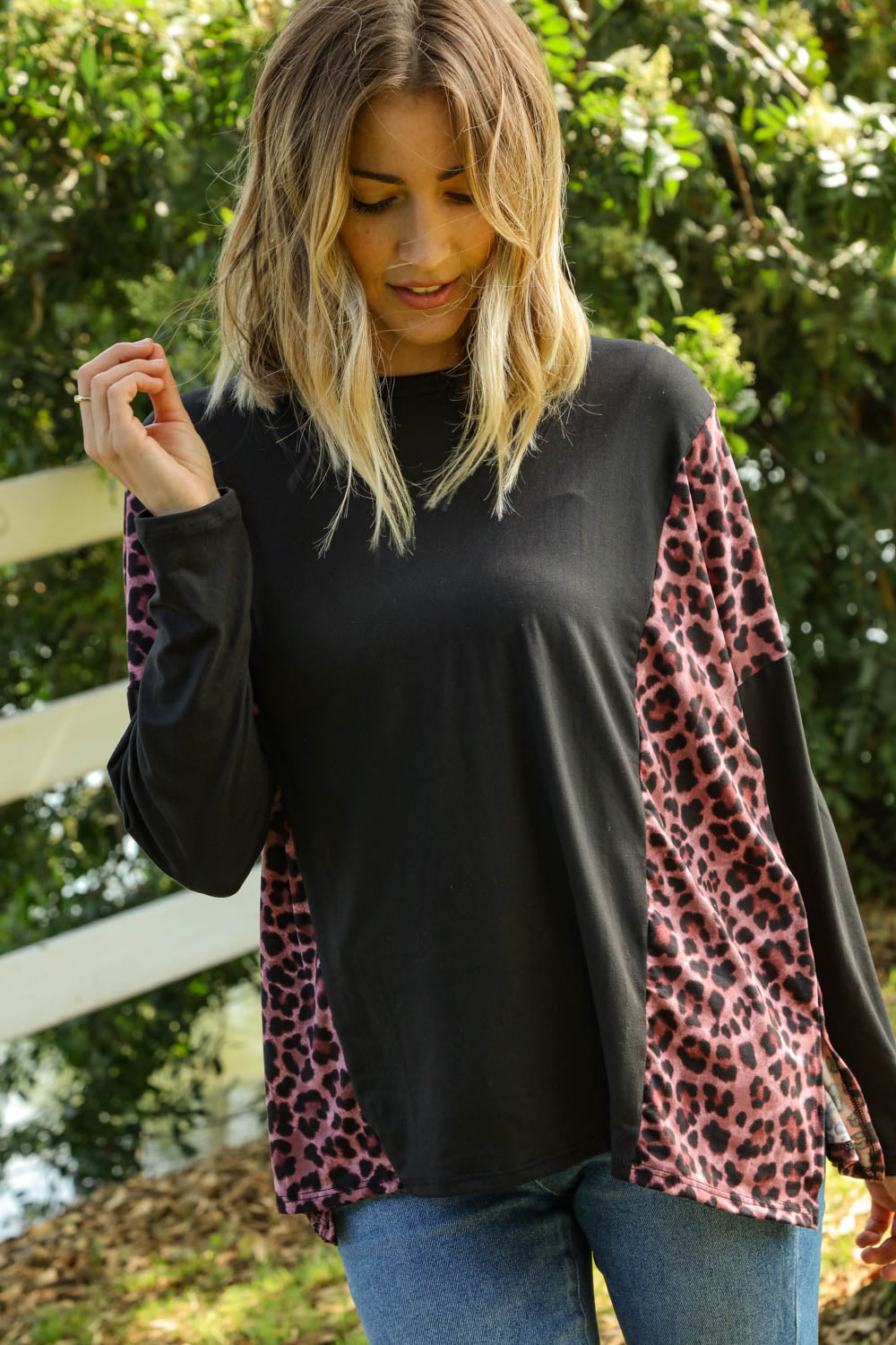 Leopard Print Color Block Dolman Loose Fit Top