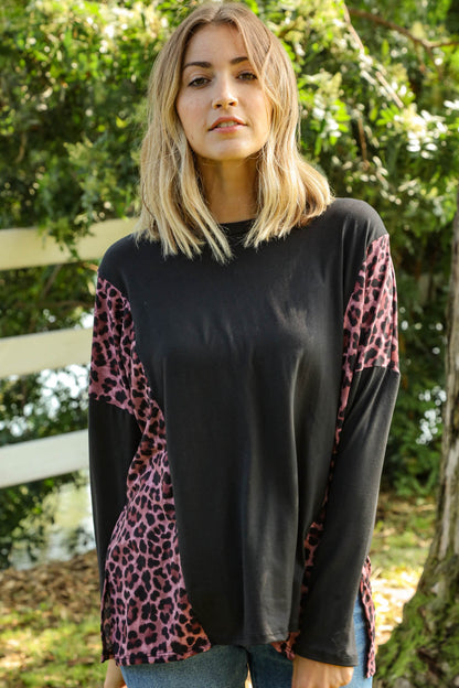 Leopard Print Color Block Dolman Loose Fit Top