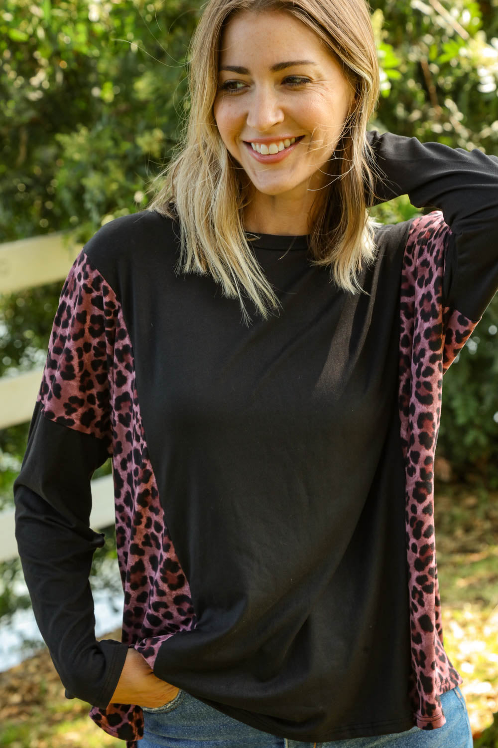 Leopard Print Color Block Dolman Loose Fit Top