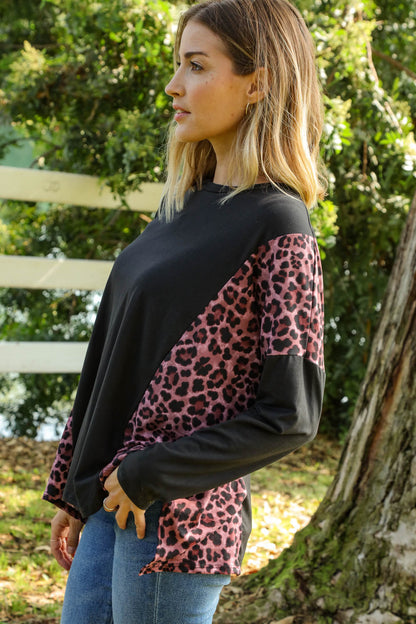 Leopard Print Color Block Dolman Loose Fit Top