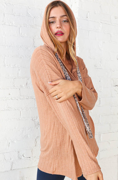 Beige Rib Knit Leopard Print Drawstring Hoodie