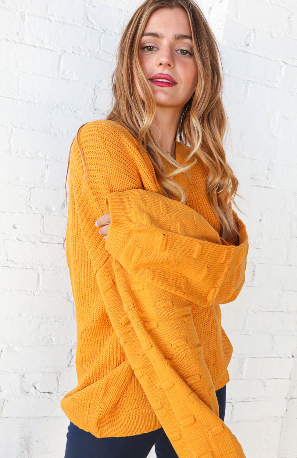 Mustard V Neck Chunky Textured Bubble Sleeve Sweater