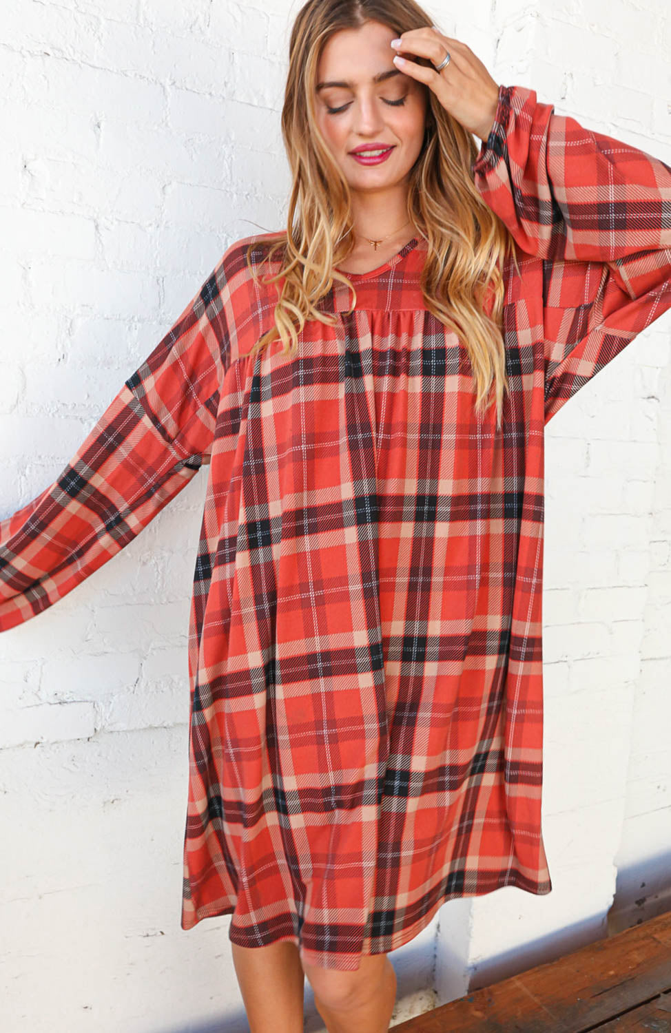 Multicolor Plaid V Neck Bubble Sleeve Midi Dress