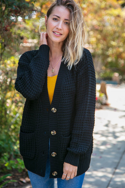 Black Button Down Boyfriend Cardigan with Pockets