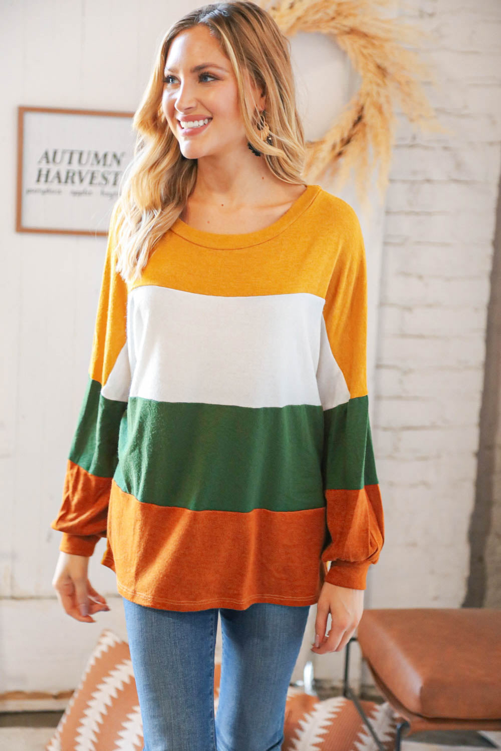 Mustard & Green Color Block Hacci Knit Top