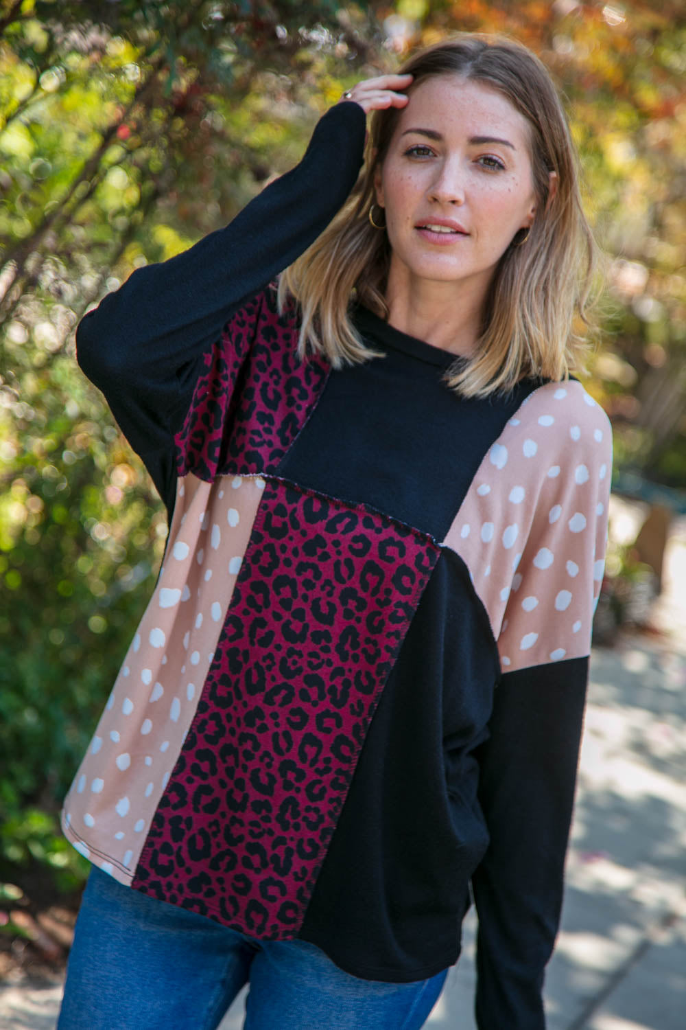 Cashmere Feel Leopard Patch Work Dolman Top