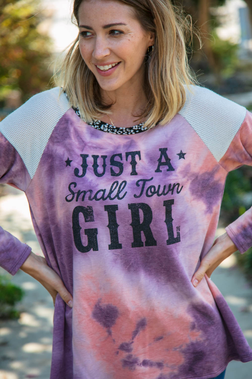 Small Town Girl Graphic Tie Dye Raglan Top