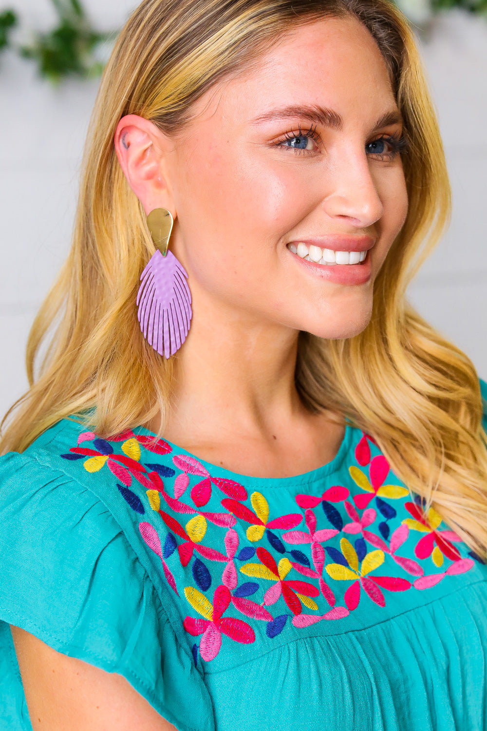 Lilac & Gold Leather Fringe Feather Earrings