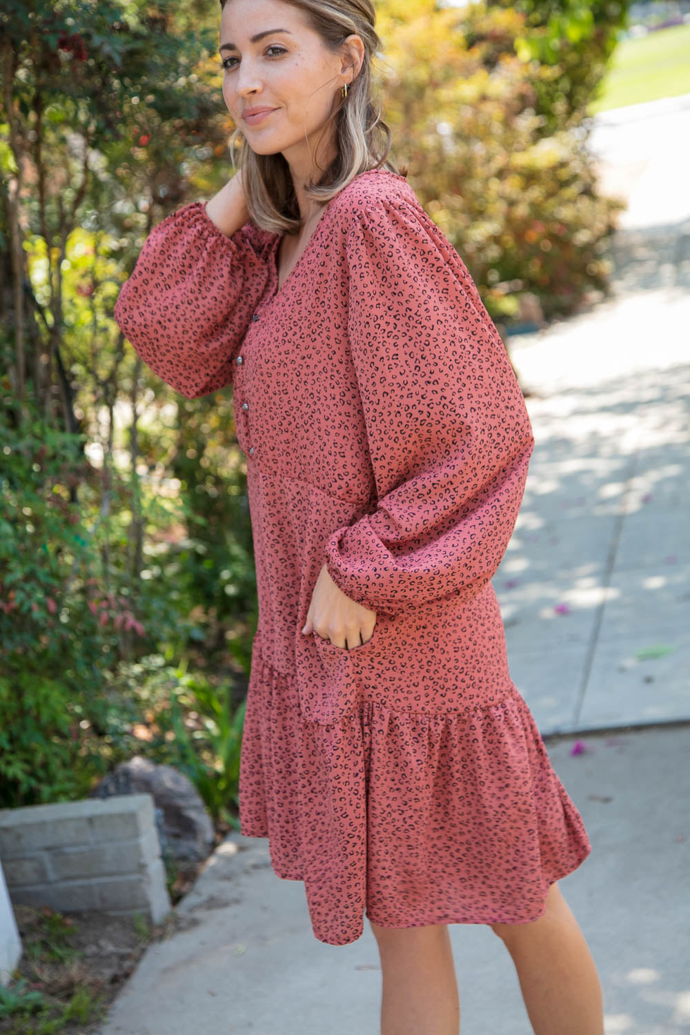 Leopard Button Detail Tiered Babydoll Dress