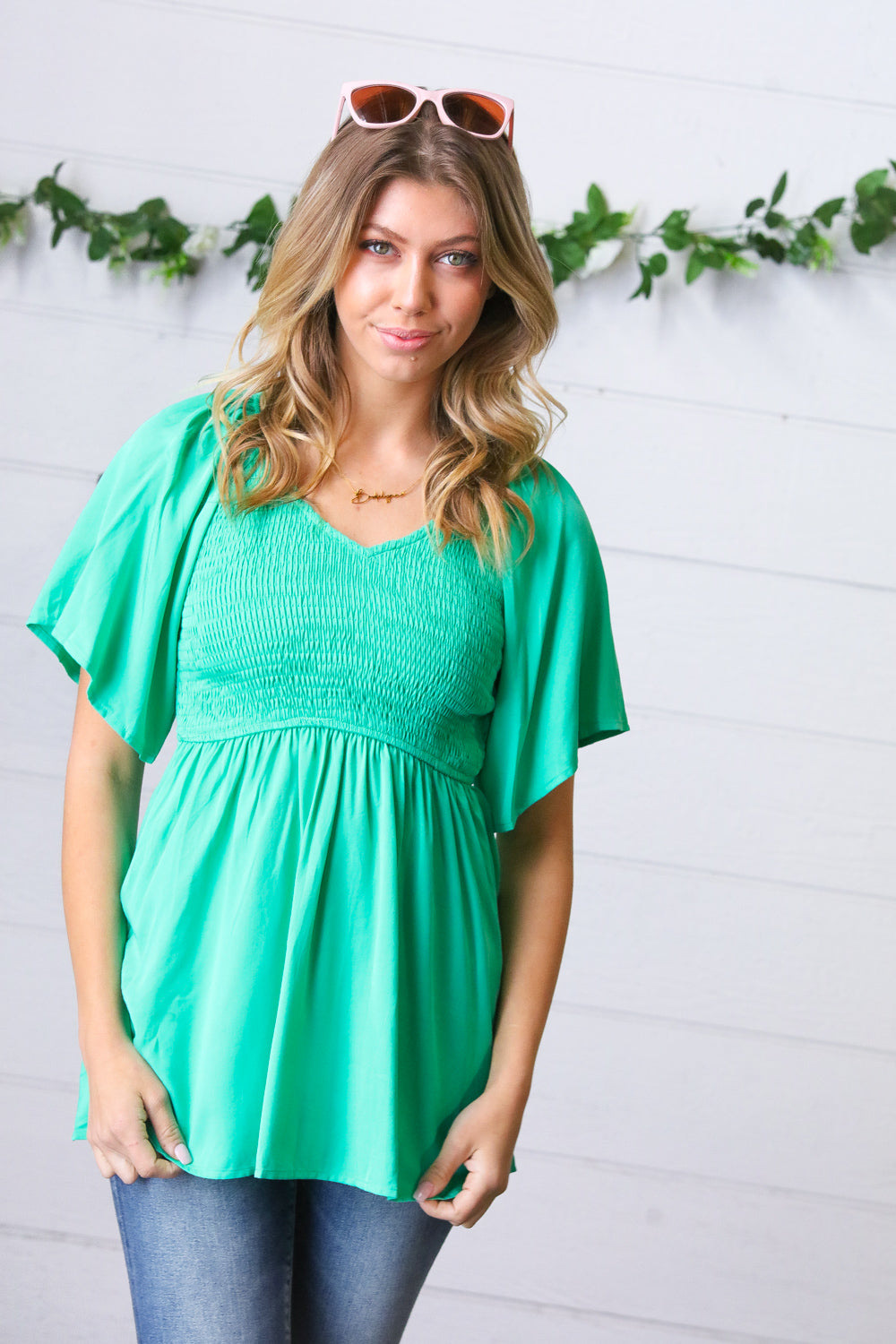 Solid Mint Smocked Woven Flutter Sleeve Top