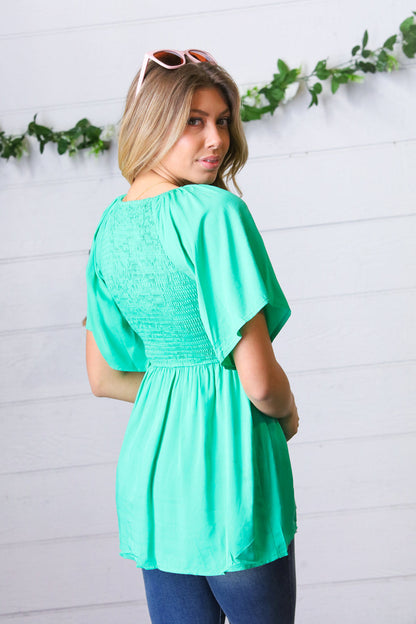 Solid Mint Smocked Woven Flutter Sleeve Top