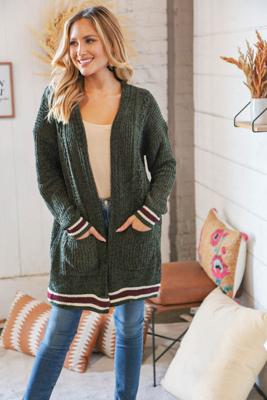 Forest Green Chenille Velvet Open Pocket Cardigan