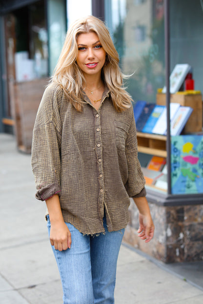 Mocha Washed Cotton Gauze Button Down Shirt