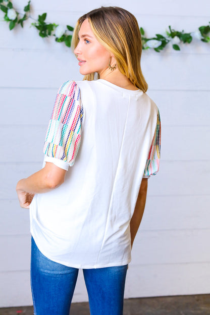 Ivory Multicolor Vertical Stripe Puff Sleeve Top