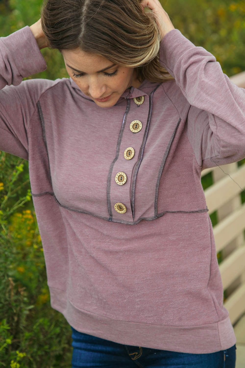 Mauve Button Down Princess Line Outseam Hoodie