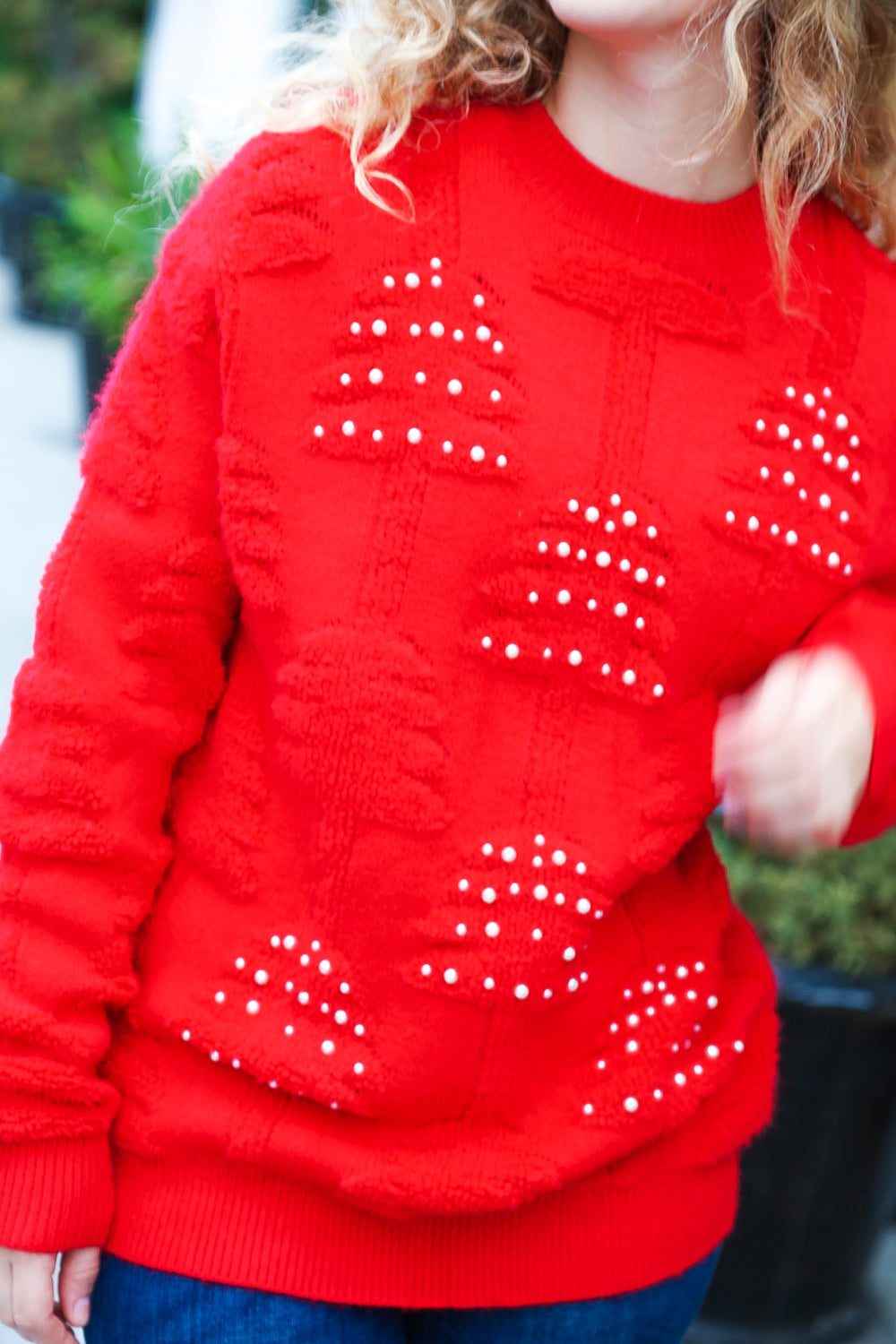 More The Merrier Red Pearl Christmas Tree Jacquard Sweater