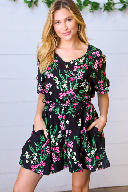 Black & Floral Surplice Short Sleeve Pocketed Romper