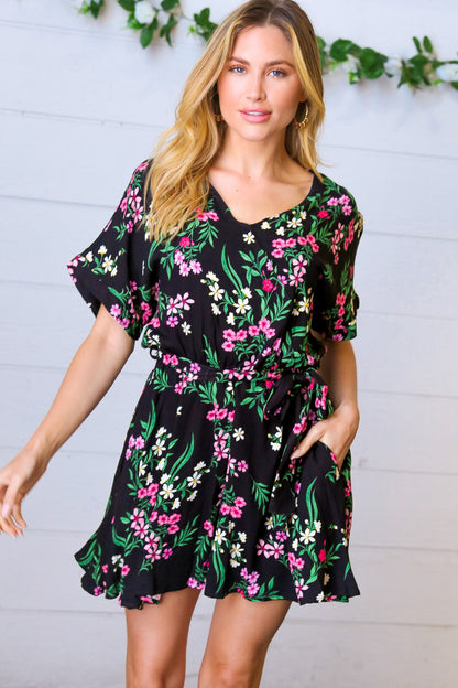 Black & Floral Surplice Short Sleeve Pocketed Romper