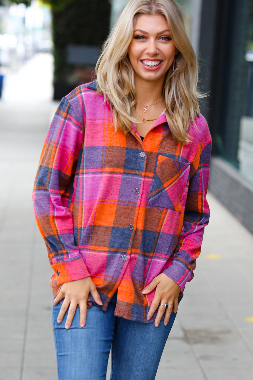 Orange & Magenta Jacquard Plaid Button Up Shacket