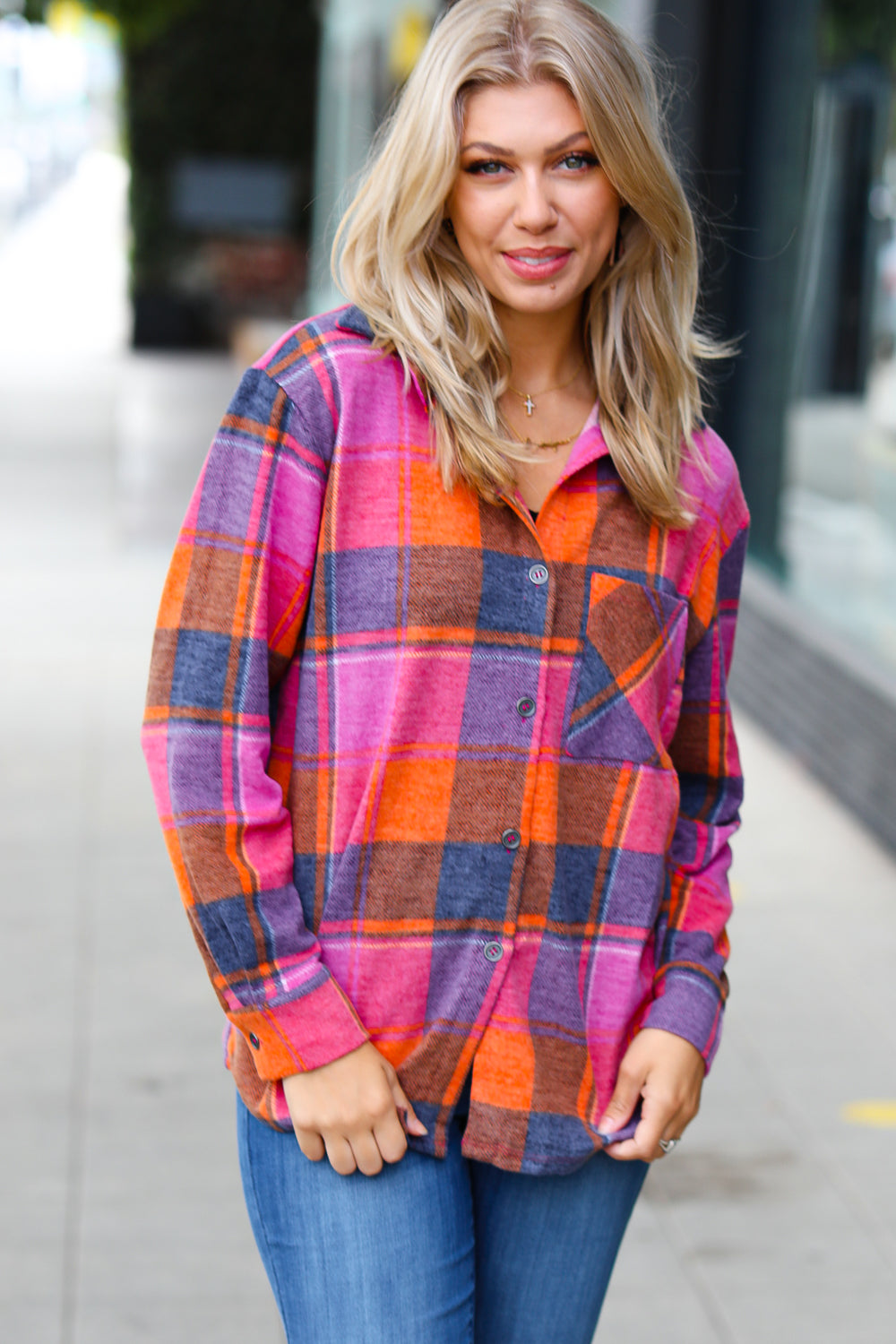 Orange & Magenta Jacquard Plaid Button Up Shacket