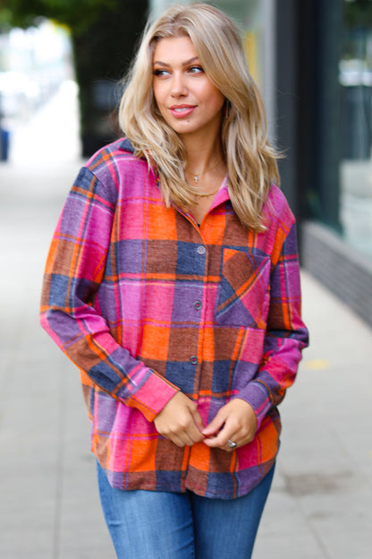 Orange & Magenta Jacquard Plaid Button Up Shacket