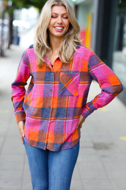 Orange & Magenta Jacquard Plaid Button Up Shacket