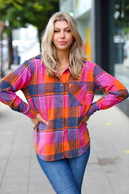 Orange & Magenta Jacquard Plaid Button Up Shacket