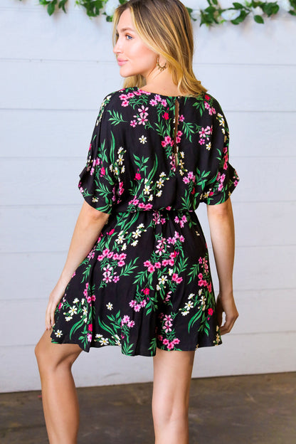 Black & Floral Surplice Short Sleeve Pocketed Romper